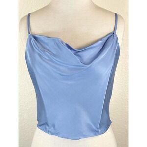 ASTR The Label Sky Blue Satin Cowl Neck Crop Top Smocked Back Cami L